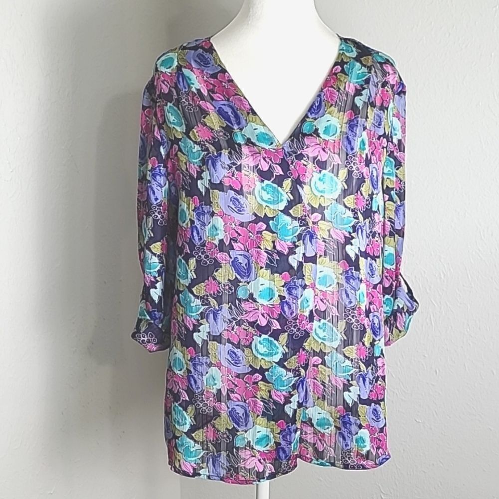 Chaus Multicolor Floral Blouse, Button-tab Sleeves, Crossover V-neck,Size Medium